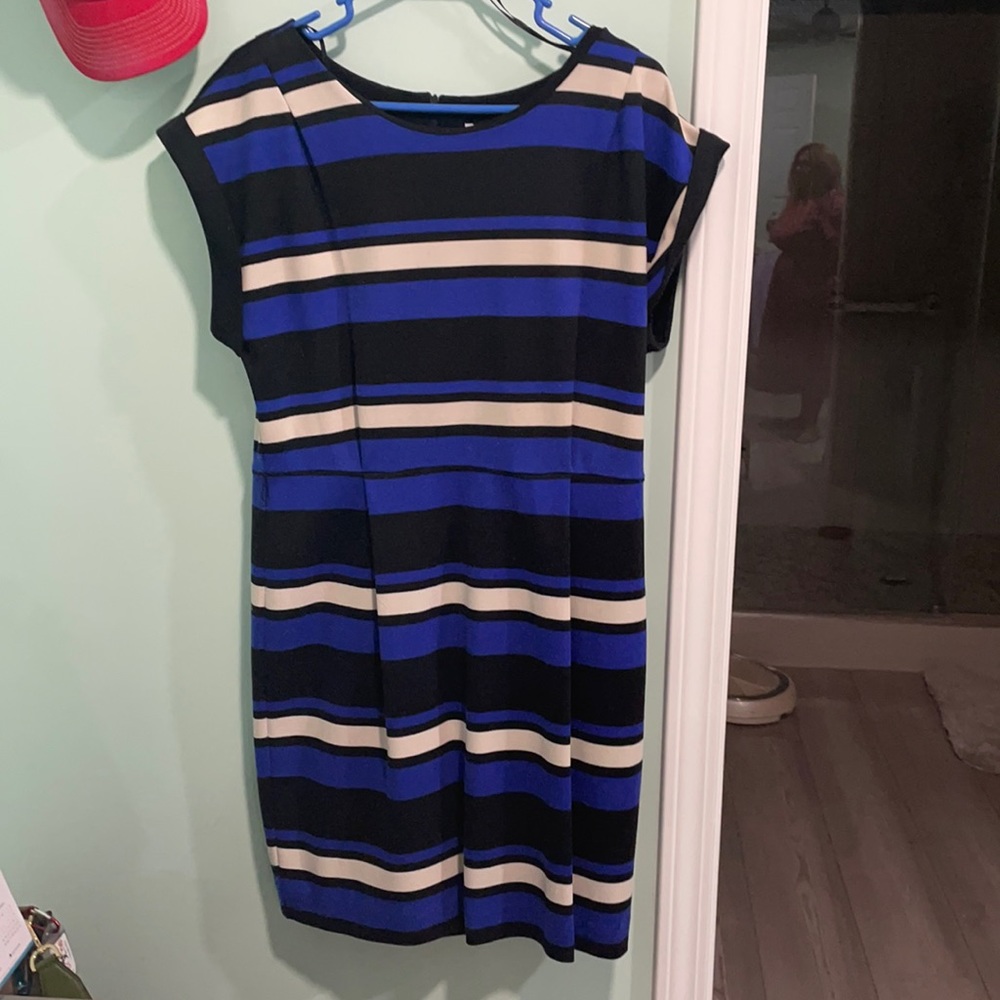 Blue, black and white dress